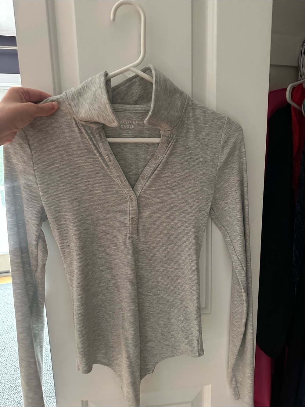 American Eagle Outfitters Heather Gray Long Sleeve Henley Bodysuit